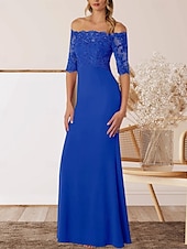 cheap Floor Length-A-Line Mother of the Bride Dress Wedding Guest Elegant Off Shoulder Floor Length Chiffon Half Sleeve with Lace