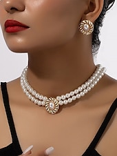 ieftine Colier de damă-Set colier și cercei vintage pentru femei, cu perle – bijuterii elegante din mărgele duble și accente ovale aurii pentru doamne, ideale pentru nunți, petreceri și ocazii formale