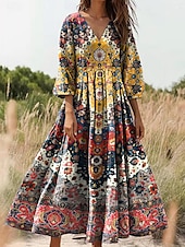 preiswerte Boho Kleider-Damen Maxikleid Sommerkleid A Linie Kleid Faltenkleid Urlaub Lässig Boho Ausgehen Lässiger Schnitt Blumen Grafik Dreiviertelarm V Ausschnitt Schwarz Gelb Blau Grün Sommer Frühling