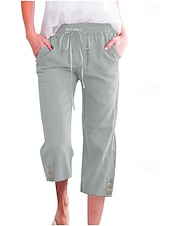 baratos Calça de linho de algodão simples-Mulheres Calças de linho de algodão Calças Capri Calças Moda Roupa de rua Comprimento da panturrilha Natural Tecido Bolsos Design de cordão elástico Confortável Exterior Rua Para Noite clarete Azul
