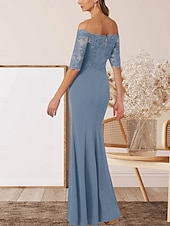 cheap Floor Length-A-Line Mother of the Bride Dress Wedding Guest Elegant Off Shoulder Floor Length Chiffon Half Sleeve with Lace