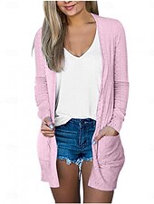 ieftine jachete casual-Pentru femei Sacou Respirabil Comfortabil Buzunar Casual Simplu Vacanță Stradă Casual Purtare Zilnică Deschis frontal Regulat Fără Guler Fit regulat Manșon Lung Îmbrăcăminte exterioară Negru Alb Roz