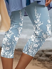 economico Stampa 3D Blu-Leggings da donna Capri 3D Stampati Alta Elasticità Vacanze Moda Vintage Lunghezza Polpaccio Vita Alta Stampa Grafica Floreale Traspirante Morbido Elasticizzato Formale Vacanze Ufficio Blu Uovo di