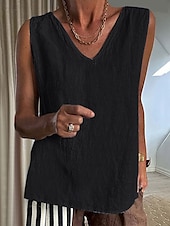voordelige Overhemden-Dames Overhemd Linnen-geïnspireerde sets Blouse Effen Modern Casual Mouwloos V-hals Normale tops Dagelijks Feestdagen Zwart Blozend Roze Leger Groen Beige Grijs Zomer