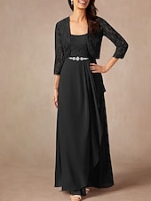 billiga Golvlängd-Tvådelad A-linjeformad Mor till Brud-Klänning Bröllopsgäst Elegant Söt Rundhalsad Golvlängd Chiffon Spets 3/4 Längd Ärmar med Spetspärlor Volanger