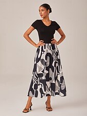 economico Abiti floreali-Abito lungo da donna in bianco e nero lavorato a maglia, patchwork, tessuto, stampa geometrica astratta, elegante, gonna a trapezio, svolazzante, elastico in vita, casual, da indossare tutti i giorni