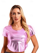 levne Topy-Retro 80. léta Trička Krátký top Disko Lesklý latexový patent Kov Maškarní kostým Dámské předvečer Všech svatých Karneval hudební festival Pride Parade Měsíc hrdosti Dospělé Tričko Léto