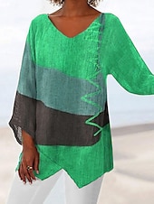 cheap Tunic Tops-Women&#039;s Tunic Shirt Blouse Basic Color Block Print Long Sleeve Long Tops V Neck Casual Red Spring Fall