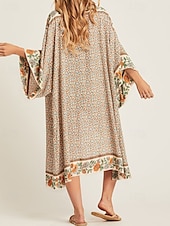 preiswerte Kaftane-Damen Badeanzug Überwurf Bademode Vorderknoten Strandbekleidung Boho Blume V Ausschnitt Langarm Badeanzüge