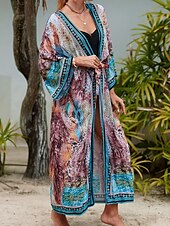 abordables Caftans-Femmes Maillots de Bain Vêtement couvrant Maillot de bain Nœud devant Tenues de plage Boho Fleur Col en V manche longue Maillots de bain
