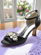 cheap Cocktail-Women&#039;s Black Satin Open Toe Heels with Ankle Strap and Crystal Gemstone Embellishment- Elegant Mid Heel Sandals for Cocktail Party &amp; Evening Wedding Reception and Formal Events