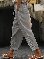 abordables Pantalon uni en coton et lin-Femmes Pantalon texturé en polycoton et lin Pantacourt Mode Streetwear Confort Longueur cheville Taille Moyenne Uni Dentelle Confortable Rue Tenue quotidienne Sortir Noir Blanche Bleu Vert Été Coupe
