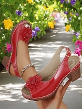 billiga Avslappnade sandaler-Röda damsandaler i lack med blommiga detaljer – retro blockklackade skor för trädgårdsfester och sommardejter