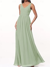 baratos Vestidos para Madrinhas-Vestido de Dama de Honra A-Line Decote V Sem Mangas Elegante Comprimento Total Chiffon com Plissado  Franzido