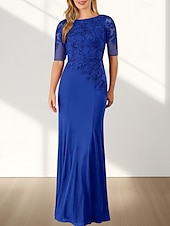 voordelige Vloerlengte-Zeemeermin  Trompet Moeder Van De Bruid Jurk Bruiloft Gast Elegante Crew Hals Vloerlengte Chiffon Halve Mouw Met Applicaties