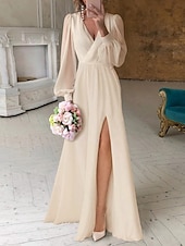 economico abiti da sposa casual-Ricevimento di matrimonio in spiaggia piccoli abiti bianchi abiti da sposa A-Line scollo a V maniche lunghe lunghezza a terra abiti da sposa in chiffon con arricciature 2025