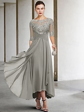 voordelige Vloerlengte-A-Lijn Moeder van de Bruid Jurk Bruidsgast Elegant Plus Size Hoog Laag V-Hals Asymmetrisch Enkel Lengte Chiffon Kant Halve Mouw met Beading Applicaties gratis maatwerk