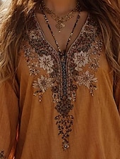 billige Kvinne Boho Topper-Dame Bluse Blomstret Grafisk Bohem Årgang Daglig 3/4 ermer Crew-hals Båthals Vanlige topper Daglig Ferie Ferieklær Trykt mønster Gul Sommer Vår