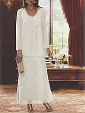 abordables Avec veste-Robe Mère de la Mariée Coupe Deux Pièces à la Plage Invité de Mariage Élégant Étincelle  Brillance Encolure en V Longueur Cheville Chiffon Sequins Manches Longues avec Sequins 2025 taille