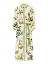 abordables concevoir des robes en coton et lin-Femmes Robe Longue Maxi Robe Robes en coton et lin Robe Décontractée Mode Extérieur Soirée Fête Coupe régulière Fleur Manche 3/4 Col de chemise Vert Été
