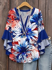 cheap Independence Day Top-Women&#039;s Patriotic  Blouse Layered Ruffle Sleeve Tops Graphic Flag Bohemia Vintage Ethnic 3/4 Length Sleeve V Neck Tops Daily Holiday Vacation Wear Print Red Royal