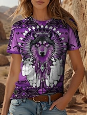 abordables T-shirt Boho-Femmes T-shirt Graphique Animal Géométrique ancien Élégant Classique Manche Courte Col ras du cou Col rond Hauts Réguliers Quotidien Week-end Imprimé Jaune Rouge Bleu Violet Vert Été Printemps