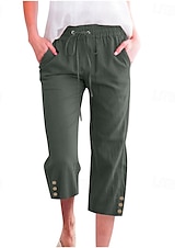 baratos Calça de linho de algodão simples-Mulheres Calças de linho de algodão Calças Capri Calças Moda Roupa de rua Comprimento da panturrilha Natural Tecido Bolsos Design de cordão elástico Confortável Exterior Rua Para Noite clarete Azul