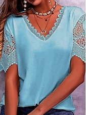 economico Top in Pizzo-Per donna Maglietta Semplice Moda Moderno Casual Manica Corta Scollo a V Top Regolari Quotidiano Uscire Weekend Pizzo Patchwork Traforato Bianco Rosa Viola Azzurro Estate Primavera
