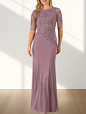 voordelige Vloerlengte-Zeemeermin  Trompet Moeder Van De Bruid Jurk Bruiloft Gast Elegante Crew Hals Vloerlengte Chiffon Halve Mouw Met Applicaties