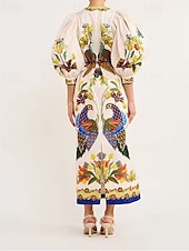 preiswerte bedruckte Kleider aus Baumwolle und Leinen-Damen Langes Kleid Maxikleid Baumwoll-Leinen-Kleider Freizeitkleid Mode Outdoor Party Ferien Normale Passform Tiermotiv Langarm Rundhalsausschnitt Beige Sommer