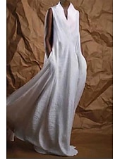 economico Vestiti-Per donna Abito Lungo Maxi Abito Abiti ispirati al lino Abito Bianco Vestito da Festa Abito in cotone e lino Moda Feste Compleanno Vestibilità regolare Semplice Senza Maniche Scollo a V Bianco Estate