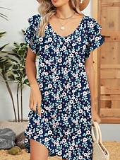 tanie Sukienki kwiatowe-Damskie Sukienka mini Sukienka A line Letnie sukienki Codzienny Codzienny Regularny Kwiaty Krótki rękaw W serek Czarny Biały Rumiany róż Niebieski Lato