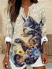 abordables Animaux Tops-Femmes Hauts d&#039;été Graphique Chat ancien Tropical Hawaïen manche longue Col en V Hauts Réguliers Quotidien Fête Tenue de plage Imprimé Bleu Vert Beige Été Printemps