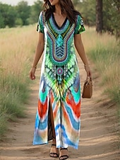tanie Sukienki boho-Damskie Sukienka maxi Sukienka letnia Sukienka A line Letnie sukienki Urlop Codzienny Codzienny Regularny Graficzny Geometryczny W Tureckie Wzory Krótki rękaw W serek Rumiany róż Fioletowy Zielony