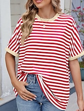 abordables T-shirt rayé et géométrique-Femmes T-shirt Rayé Mode Élégant Moderne Manche Courte Col ras du cou Hauts Réguliers Quotidien Week-end Imprimé Noir Rouge Bleu Vert Été