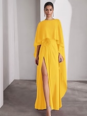 baratos roxo-Vestido de noite elegante, cor-de-rosa e azul, com corte A, comprimento até o chão, manga curta, gola redonda, chiffon com xale de penas, 2025