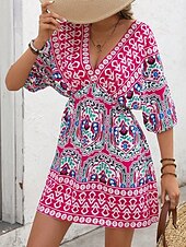 billiga Boho klänningar-Dam Mini klänning A linjeklänning Semester Ledigt Boho Utomhus Utekväll Normal Blommig Grafisk 3/4 ärm V-hals Fuchsia Sommar Vår