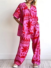 abordables Ensembles-Femmes Mode Streetwear Chemises en coton et lin Ensembles en coton et lin Ensembles de Pantalons Manche Courte Col de chemise Fleuri Imprimé Tenue quotidienne Date Rose Claire Été Coupe régulière