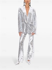 preiswerte Hosenanzüge für Mama-Hosenanzug Brautmutterkleid Elegant Party Hemdkragen Bodenlang Polyester Langarm mit Paillette 2025