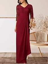 preiswerte Bodenlänge-Säule  Kolonne Mutter der Braut Kleid Hochzeitsgast Elegantes Hoher Schlitz V-Ausschnitt Bodenlanges Chiffon 3/4 Länge Ärmel mit Rüschenapplikationen Raffung