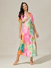 abordables Robes à motifs-robe d&#039;invitée de mariage pour femme, imprimé ombré, col en V, robe midi élégante, rendez-vous, manches courtes, coupe régulière, vacances, quotidien, robe d&#039;été