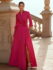 billiga Rosa-A-linje Aftonklänning Elegant Klänning Formell Bröllop Golvlängd 3/4 Längd Ärmar Skjortkrage Ficka Taffeta med Slits