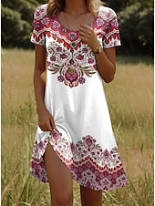 olcso Boho ruhák-Női Mini ruha Pólóruha Nyári ruha Szabadság Alkalmi Boho Alkalmi Normál Grafika Paisley Rövid ujjú V-alakú Sárga Rubin Medence Bíbor Nyár