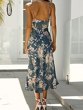 cheap Print Floral Dresses-Women&#039;s Midi Dress Floral Dress Boho Dress Print Dress Fashion Classic Outdoor Vacation Holiday Regular Fit Flower Sleeveless Spaghetti Strap Pink Navy Blue Orange Summer