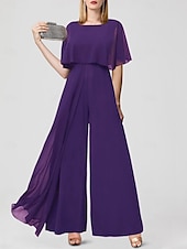 baratos Macacões da mamãe-Jumpsuits para Convidadas de Casamento Elegantes Formais Comprimento Longo Mangas Curtas Decote Joaninha Chiffon com Franjas 2025 tamanho personalizado gratuito