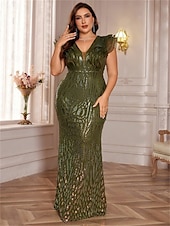 baratos Champanhe-Vestidos Sereia  Trompete Plus Size Vestido Elegante Curvas Formal Casamento Comprimento do Chão Sem Mangas Decote em V Com Lantejoulas com Lantejoulas