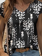 billige Blomstrete tanktop-Dame Bluse Grafisk Planter Årgang Stilfull Klassisk Ermeløs Kortermet V-hals Vanlige topper Daglig Trykt mønster Svart Hvit Sommer Vår