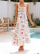 cheap Design Cotton &amp; Linen Dresses-Women&#039;s Long Dress Maxi Dress Cotton Linen Dresses Casual Dress Fashion Outdoor Party Holiday Regular Fit Fruit Sleeveless Spaghetti Strap Beige Summer