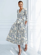 tanie Sukienki koktajlowe-Sukienki koktajlowe Jacquard Brokatowy w kształcie litery A Elegancka sukienka formalna weselna do kostek Krótki rękaw Z dekoltem w serek Nylon z kokardą(ami) Kieszonka Sukienka dla gościa weselnego