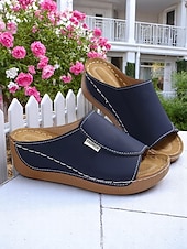 cheap Comfort Sandals-Women’s Light Blue Wedge Sandals – Open-Toe Slip-On Sandals with Soft Sole for Garden Walks and Summer Casuals